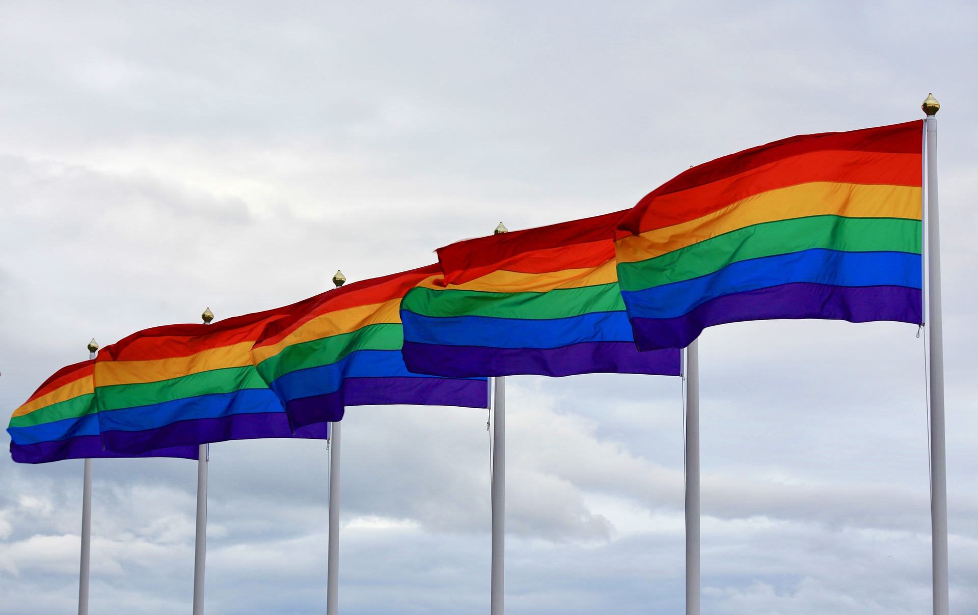 A Row of 5 Pride Flags blowing in the wind